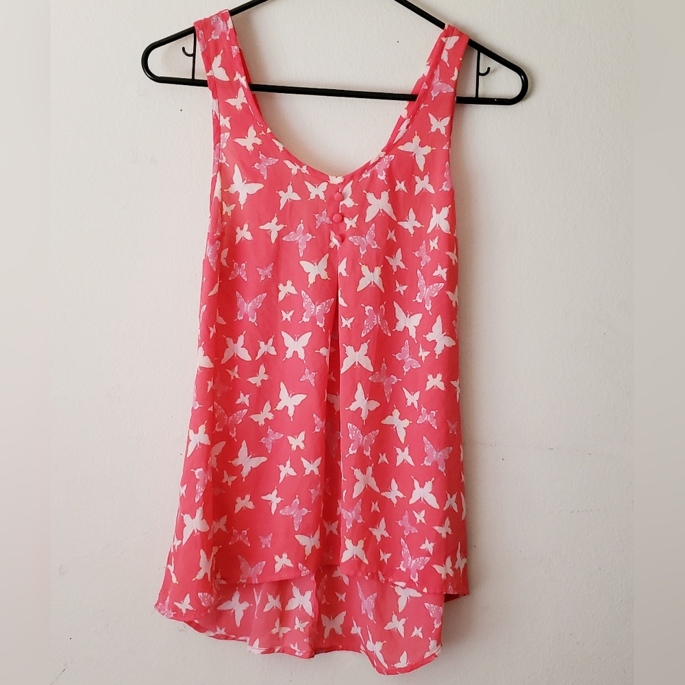 Candie's Coral Pink Asymmetrical Butterfly Print Tank Top